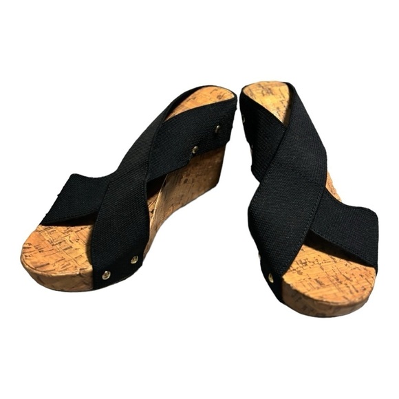 Montego Bay Black Criss Cross Strap Platform Cork Wedge Sandals Size 9.5 Shoes - Picture 9 of 10